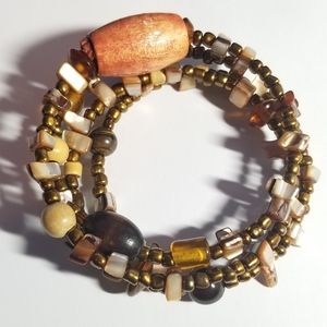 Bracelet Memory wire brown tan wood shell stone tiger eye beaded nature
